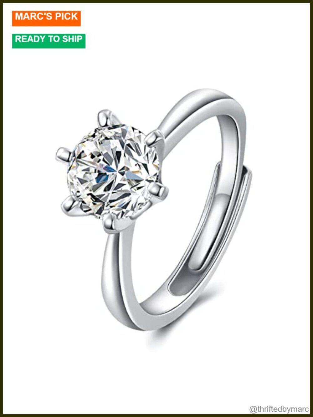1 Carat Moissanite Adjustable Solitaire Ring 925 Sterling Silver Engagement